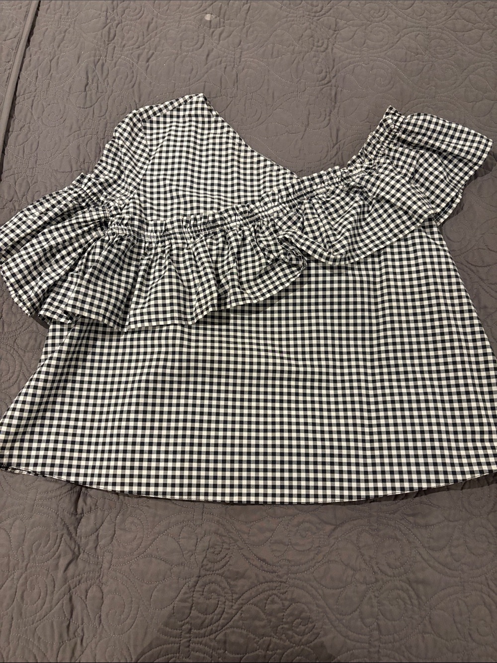Topshop Black & White Gingham One-Shoulder Ruffle Crop Top